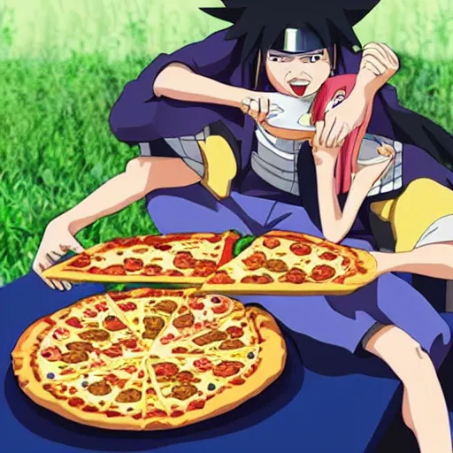 Image similar to naruto eating pizza for breakfast on luna, with dancing sandals, anime illustration, detailed