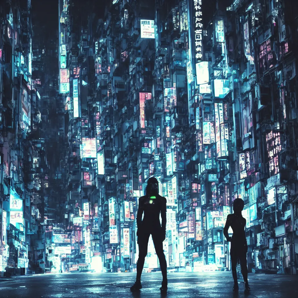 Prompt: cyberpunk android standing in a dark alley in future hong kong at night - n 6