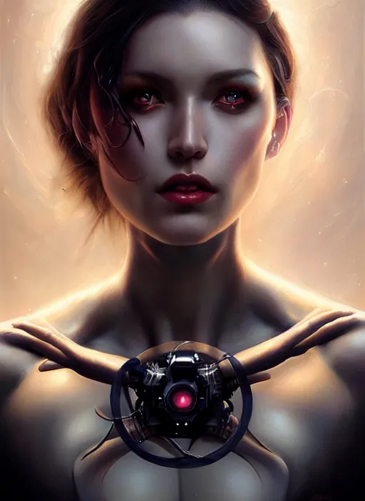 Image similar to a beautiful woman with cybernetic muscles, painted by artgerm and tom bagshaw, fantasy art, dramatic lighting, highly detailed oil painting