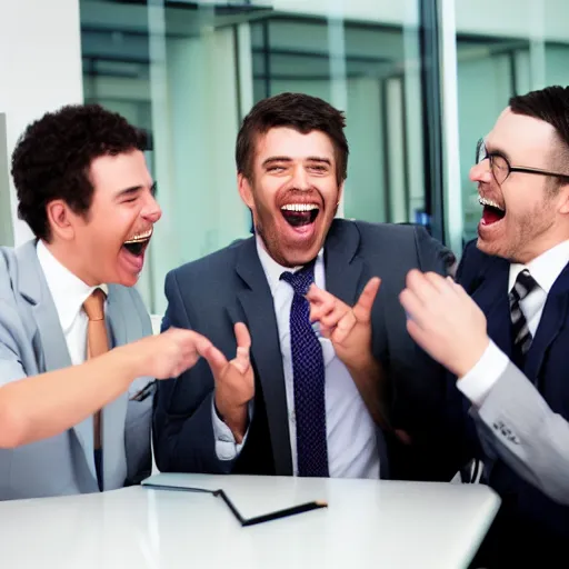 Image similar to stock photo of three people laughing wearing suits and ties in an office building, 8k resolution, full HD, cinematic lighting, award winning, anatomically correct