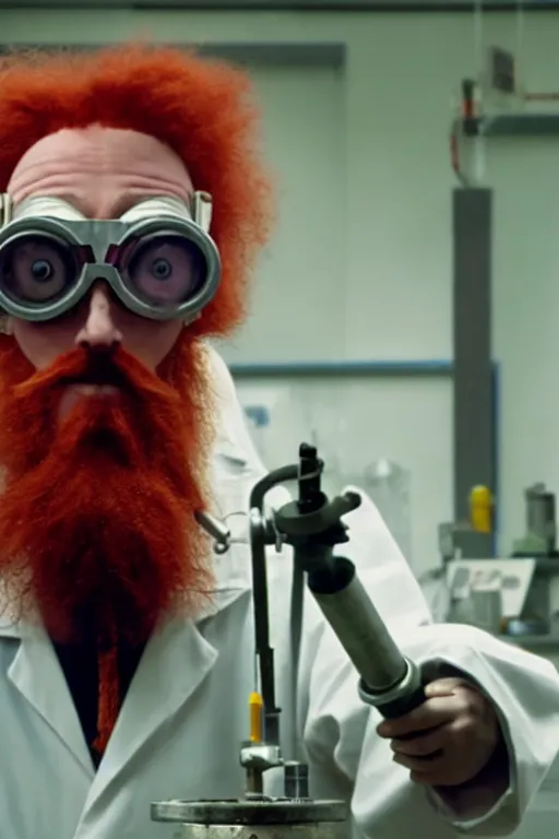 Image similar to an awkwardly tall scientist with 3 eyes and a tangled beard and unruly red hair atop his balding head wearing a labcoat and welding goggles and holding a beaker, high resolution film still, movie by Ivan Reitman