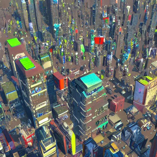 Prompt: bird's eye view of giant robots standing in the middle of a city, highly detailed, digital art, trending on artstation, very beautiful 4 k