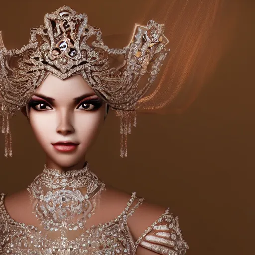 Image similar to portrait of wonderful princess of diamond with fair skin, ornate with diamonds, 8 k, gorgeous, intricate, detailed, glowing white accent lighting, dramatic lighting, octane render