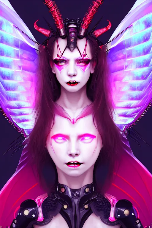 Image similar to portrait futuristic Devil Girl with horns and wings and feathers and armor, stunning smile, in future cyberpunk tokyo rooftop , ssci-fi, fantasy, intricate, very very beautiful, elegant, human anatomy, human structure, neon light, highly detailed, digital painting, artstation, concept art, smooth, sharp focus, illustration, art by tian zi and WLOP and alphonse mucha