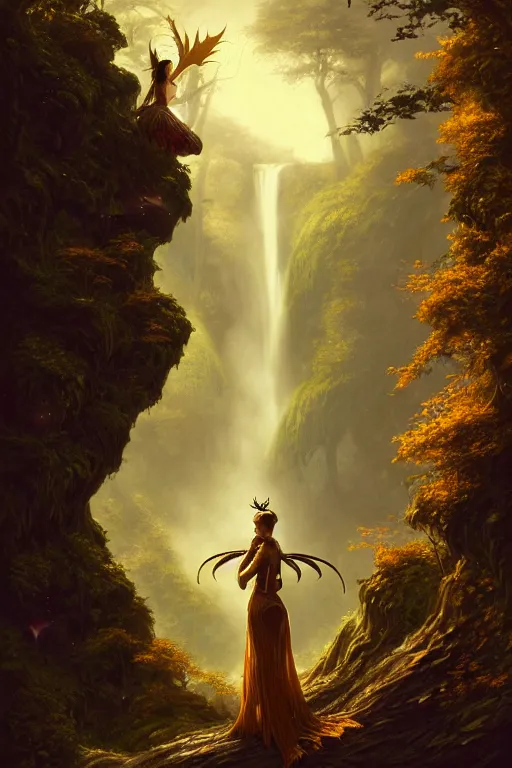 Image similar to detailed intricate digital illustration by greg rutkowski and artgerm and wlop and sanford robinson gifford ; gothic fantasy valley and waterfall faerie fey unseelie in background ; 1 3 mm film, arri alfa anamorphic lens ; sharp focus, golden hour, fireflies ; trending on artstation 8 k closeup