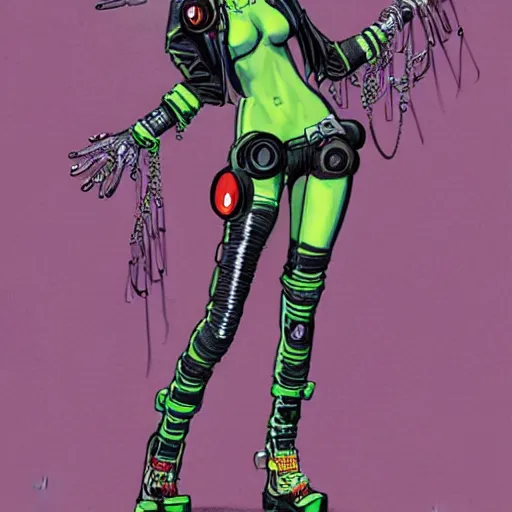 Prompt: a cybergoth woman wearing goggles and eccentric jewelry by jamie hewlett :: full body character concept art, detailed