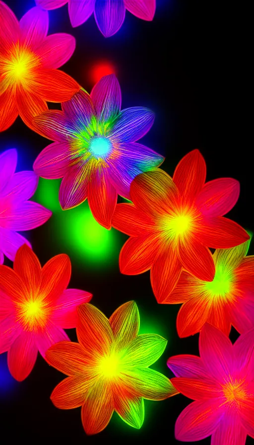 Prompt: highly detailed realistic photo of glowing colorful flowers in dark background, vibrant colors, award winning masterpiece photography, hyper realistic, concept art, 8 k detail post - processing