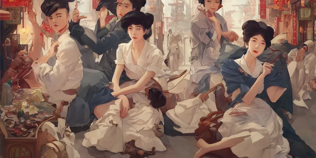 Image similar to china town, in the style of studio ghibli, j. c. leyendecker, greg rutkowski, artgerm