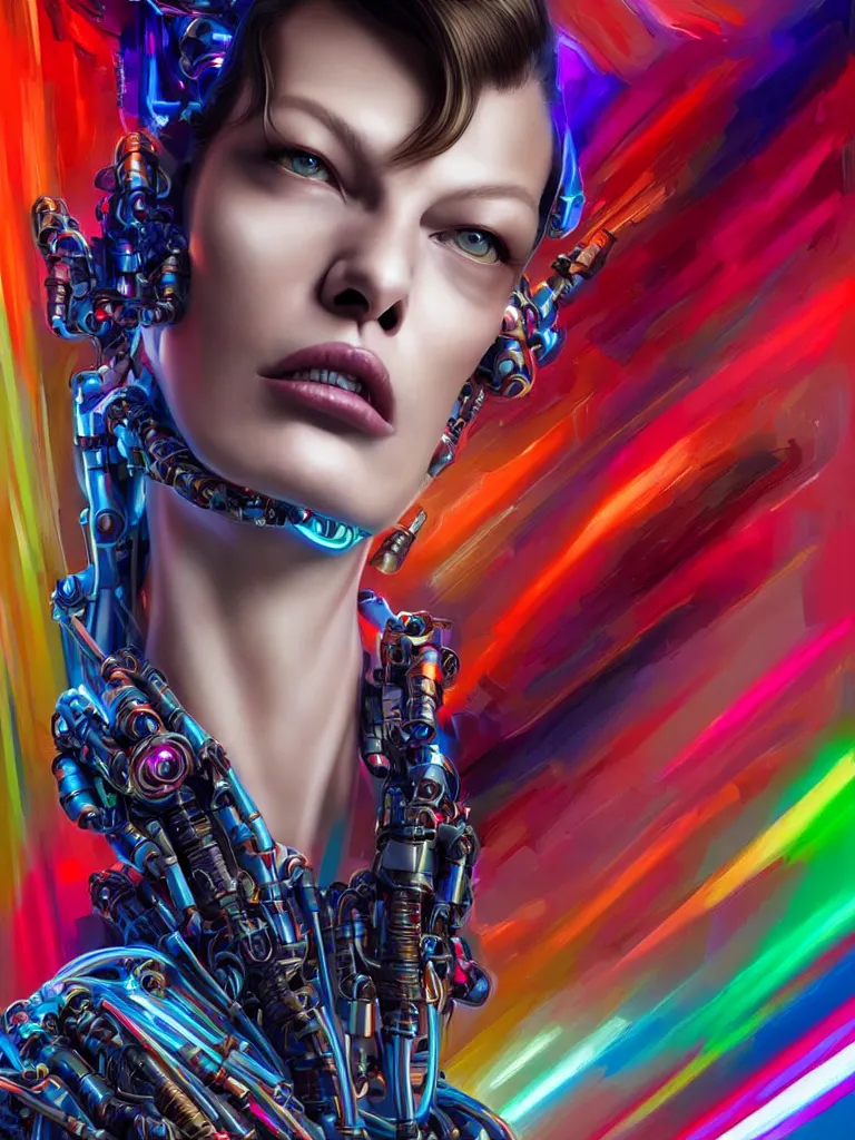 Prompt: Portrait of Milla Jovovich wearing epic bionic cyborg implants of diferent colors, cables connected to head, by Dan Mumford and Naoto Hattori, extremely beautiful and proportionate face, in the aesthetic of mert and marcus, masterpiece, intricate, elegant futuristic wardrobe, highly detailed, digital painting, artstation, concept art, crepuscular rays, smooth, sharp focus, illustration, background is made matrix green code, cyberpunk vibrant colors, volumetric lighting, art by artgerm and james jean and Nick Sullo