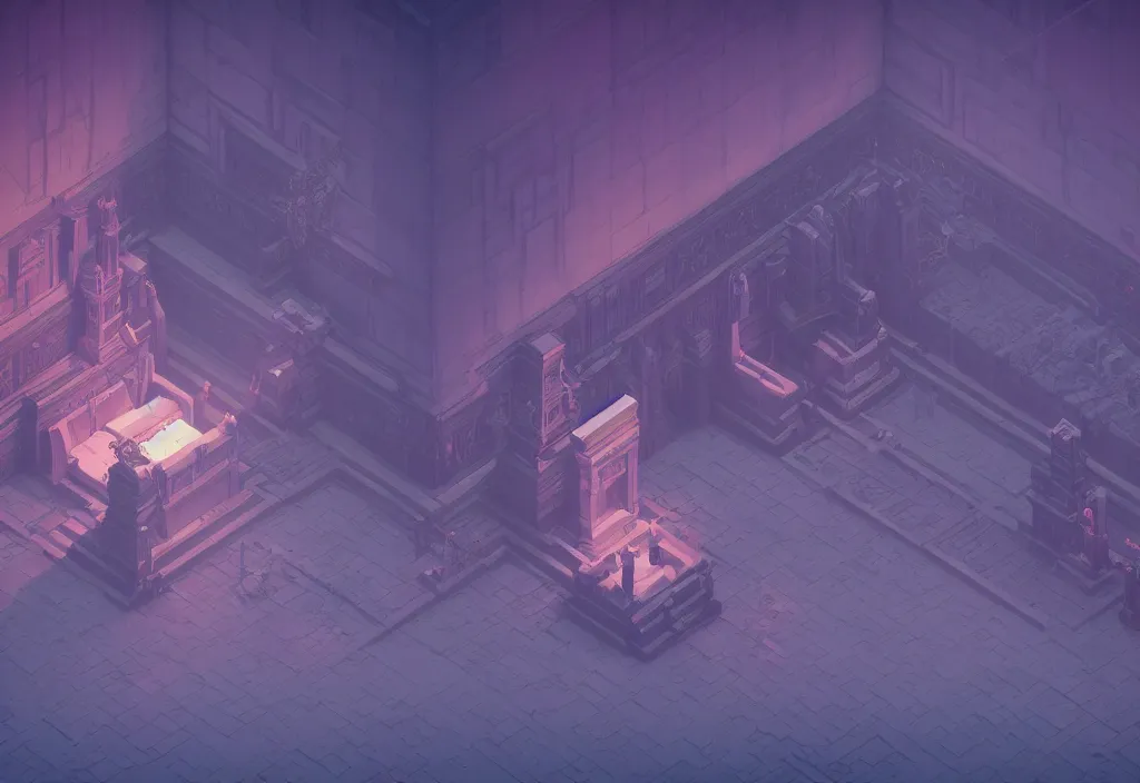 Prompt: interior throne room isometric magicavoxel bloodborne no mans sky, vaporwave, cinematic lighting, 4 k