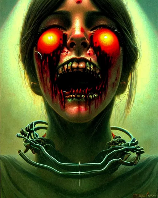 Image similar to d. va from overwatch, character portrait, portrait, close up, concept art, intricate details, highly detailed, horror poster, horror, vintage horror art, realistic, terrifying, in the style of michael whelan, beksinski, and gustave dore