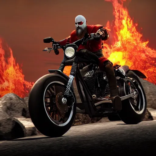 Prompt: kratos jumping a black harley - davidson motorcycle off a cliff, cinematic render, playstation studios official media, god of war 2 0 1 8, flames, centered profile