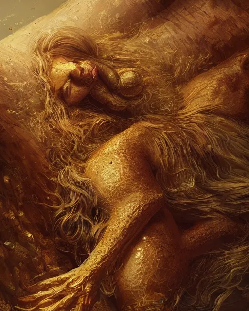 Image similar to A golden hulong sleeping, highly detailed, full body, fantasy art, monster art, in the style of greg rutkowski, illustration, epic, fantasy, intricate, hyper detailed, artstation, concept art, smooth, sharp focus, ray tracing