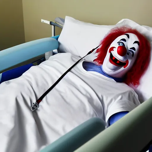 Image similar to confused laughing clown lying in hospital bed with wrist restraints on, restraint fabric straps attached to hospital bed, photograph, 8 k