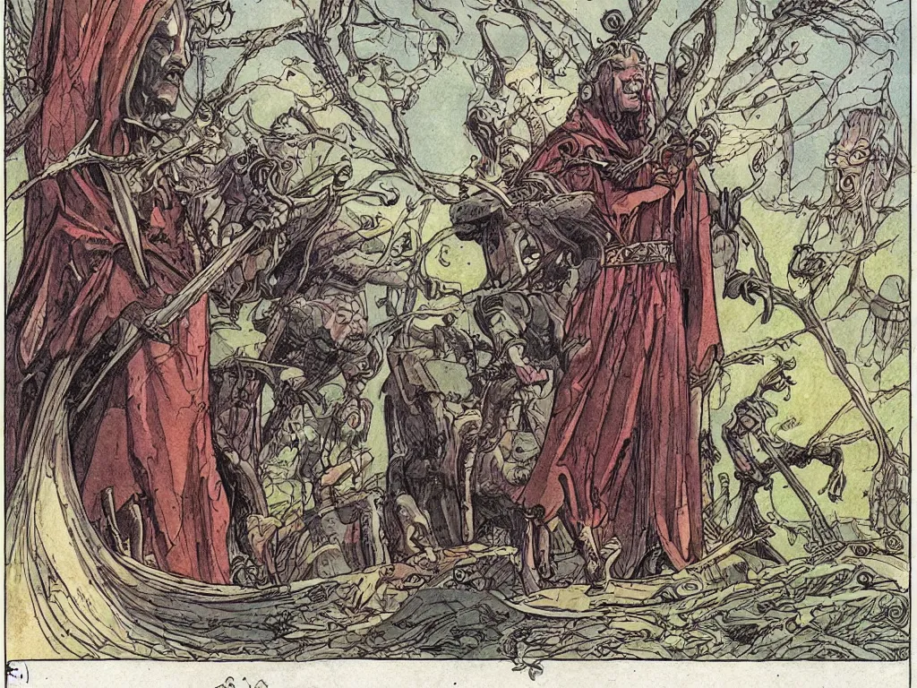 Image similar to fantasy illustration made by moebius with a 8 eyed humanoid god dealing cards over a medieval field