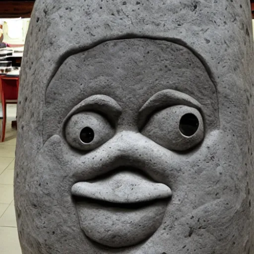 Image similar to casual, precise by grandma moses, by cory loftis. a mixed mediart of a large granite boulder carved to resemble a human face. the nose is slightly upturned, & the eyes & mouth are closed.