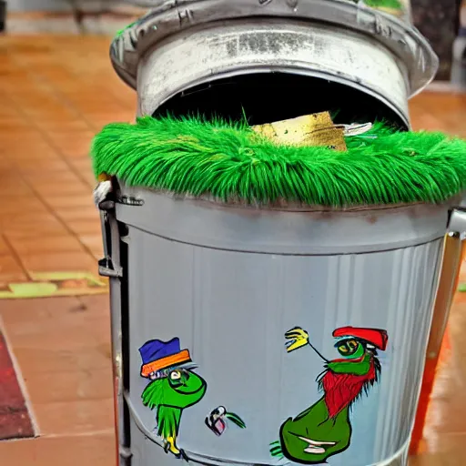 Prompt: oscar the grouch in an old garbage can gets given a gold plated garbage can, fresco painting