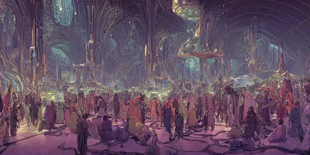 Prompt: a cinematic shot of the interior of a sci - fi space station with ornate elven architecture bustling with people by jean giraud moebius, crystalline, emerald, matte illustration by moebius