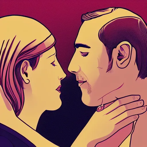 Image similar to perfectly centered symmetrical split male and female portrait of man and woman in love sharing one heart. illustration, highly detailed, simple, no jagged lines, smooth, artstation, artwork by chip zdarsky