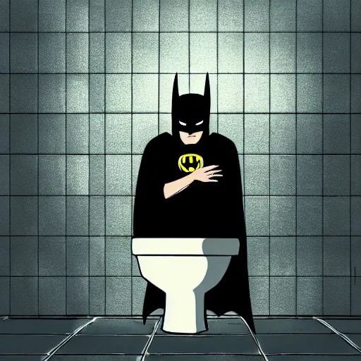 Image similar to low dutch angle shot of constipated batman sitting on a toilet with pants down, sweating, tiny room with dirty wall tiles, comic digital art, by hayao miyazaki, super detailed, 4 k, artistic