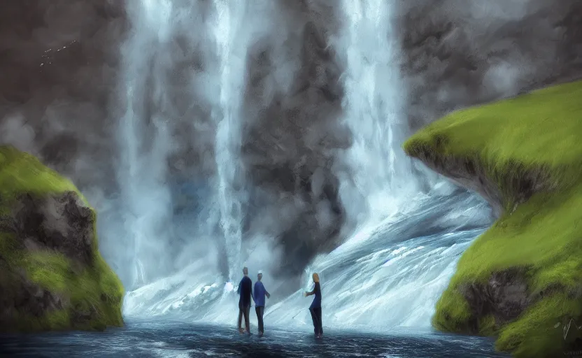Prompt: a couple by icelandic waterfall Skógafoss, highly detailed, digital painting, artstation, concept art, sharp focus, illustration