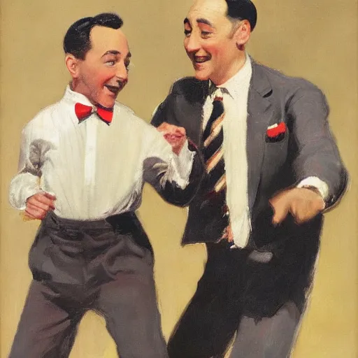Prompt: Gene Kelly dancing with Pee Wee Herman, by Sir James Guthrie, hyperrealism