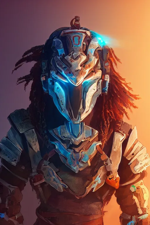 Image similar to combination suit armor aloy horizon forbidden west horizon zero dawn radiating a glowing aura global illumination ray tracing hdr fanart arstation by ian pesty and alena aenami artworks in 4 k tribal robot ninja mask helmet backpack