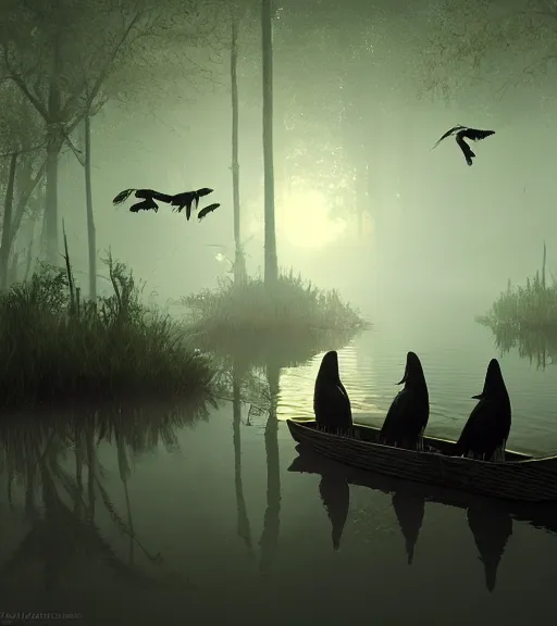 Image similar to three crows in a little boat in a swamp at night, volumetric lighting, fog, majestic light, octane render, ethereal glare of the sun, hyperrealistic, epic, masterpiece, by greg rutkowski