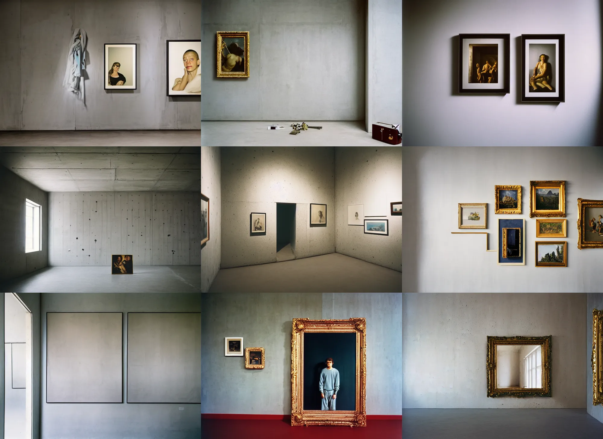 Prompt: kodak portra 4 0 0, 8 k, frog's - eye view, wide flashlight shot of a highly detailed, britt marling style, colour still - life portrait of a large minimalistic room, rough concrete walls, full of square baroque picture frames and square picasso paintings in baroque picture frames,