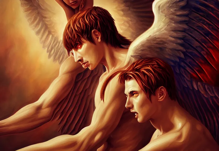 Prompt: a demon and an angel deom is afraid of the angel painting, good vs evil, highly detailed, digital painting, smooth, beautiful angle, weak demon, sharp focus, illstration, ultra realistic, dmon vs angle, heaven vs hell, 8 k, strong and powerful confident angle