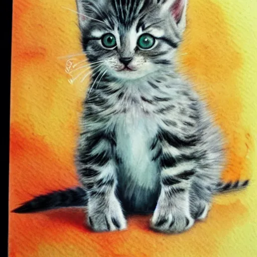 Image similar to a kitten dinosaur hybrid!!, watercolor painting