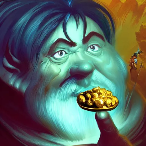 Image similar to portrait of a dwarf showing off the humongous raw gold nugget, realistic, beautiful, fantasy art, dnd, lord of the rings, by eyvind earle, james jean, concept art, sharp focus, ray tracing