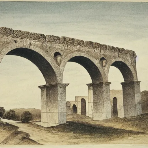 Image similar to flat primitive drawing, front view, full face, aqueduct with 4 arches
