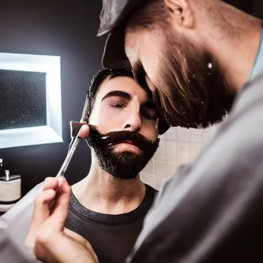 Prompt: man shaving beard into sink