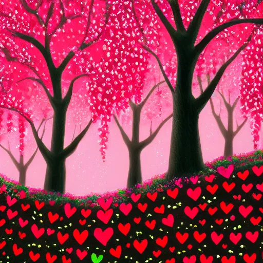 Image similar to trees with valentine heart shaped leaves in pink and red, magical realism beautiful landscape detailed luminescent painting 4 k