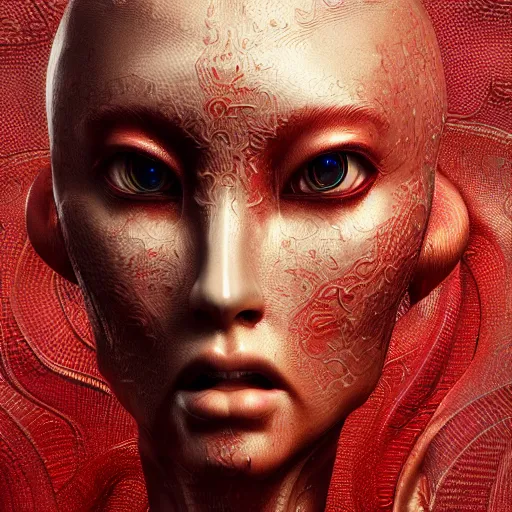 Prompt: The red female alien, intricated traditional Chinese textures, rococo decorations, hyper detail, Unreal engine,Octane render, by Karol Bak