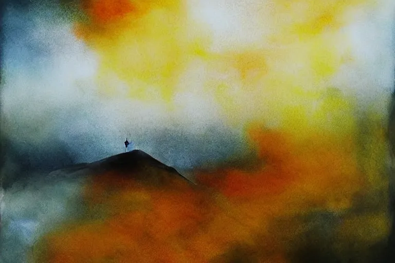 Prompt: beautiful serene walk to the top of the hill to see the wast horizon, healing through motion, life, minimalistic golden and ink airbrush painting on white background, pristine dream