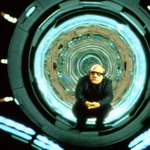 Image similar to A still of Danny Devito in the Stargate sequence in 2001: A Space Odyssey