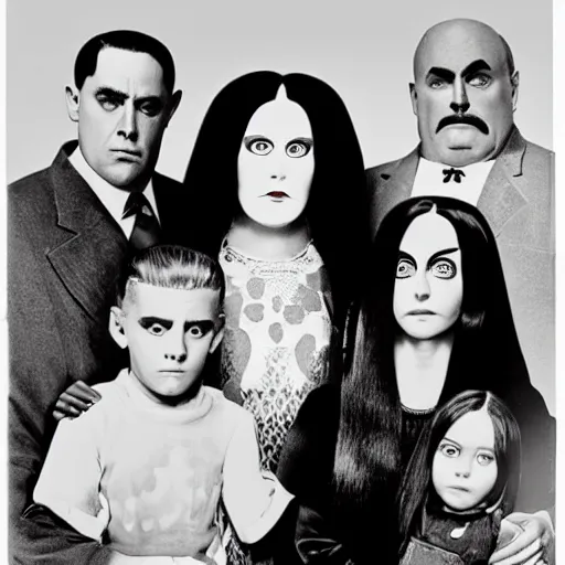 Prompt: Addams Family portrait by Ansel Adams