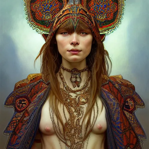 Image similar to a portrait of a lizard shaman, upper half portrait, decorated with russian motifs, russian shaman, siberia, traditional russia, intricate, elegant, highly detailed, symmetry, headpiece, digital painting, artstation concept art smooth sharp focus, illustration, art by artgerm and greg rutkowski alphonse mucha 8 k