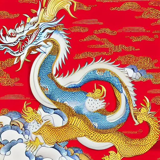 Image similar to oriental white and gold eastern dragon in a traditional chinese art style, red background, detailed