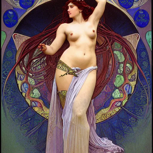 Prompt: awe-inspiring award-winning concept art nouveau painting of attractive figure called the goddess of the moonbow, darkness, by Alphonse Mucha, Michael Whelan, William Adolphe Bouguereau, John Williams Waterhouse, and Donato Giancola, cyberpunk, fierce, extremely moody lighting, glowing light and shadow, atmospheric, shadowy, cinematic, 8K,
