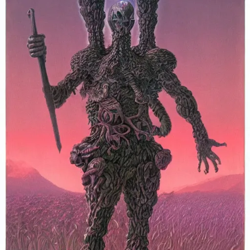 Image similar to full body portrait of a mushroom warrior, by wayne barlowe