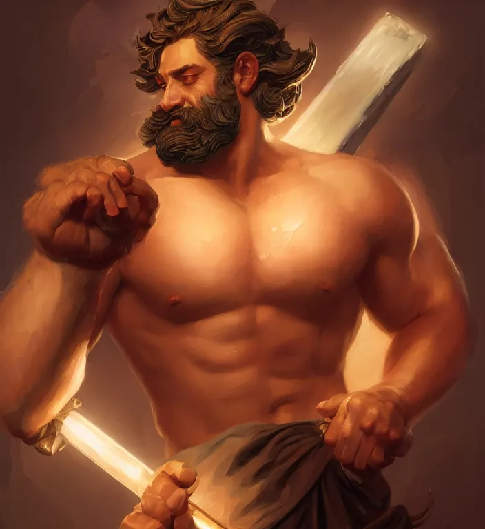 Image similar to masterpiece portrait of a greek god hephaestus, top lighting, holding forge hammer, art by charlie bowater and wenjun lin and starember and gil elvgren, ilya kuvshinov, cryengine, lumion render, 8 k realistic hyper detailed, digital painting, artstation, concept art, ray tracing, realistic shaded