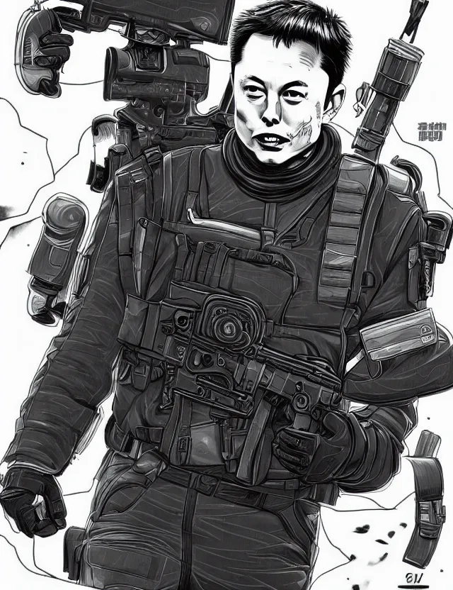 Image similar to a detailed manga illustration of elon musk in tactical gear, trending on artstation, digital art, 4 k resolution, detailed, high quality, sharp focus, hq artwork, coherent, insane detail, character portrait