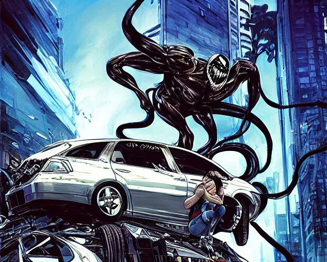 Prompt: Venom standing on top of a wrecked car in the city art by Clayton Crain, Javier Garron and Gerardo Sandoval