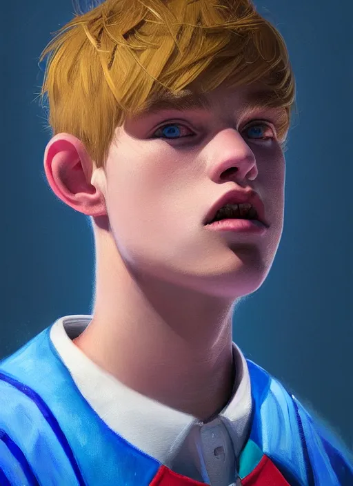 Image similar to portrait of high school senior boy named big moose, blonde short hair, jock, beefy, wide face, square jaw, square facial structure, blue varsity jacket with letter r, intricate, elegant, glowing lights, highly detailed, digital painting, artstation, concept art, sharp focus, illustration, art by wlop, mars ravelo and greg rutkowski