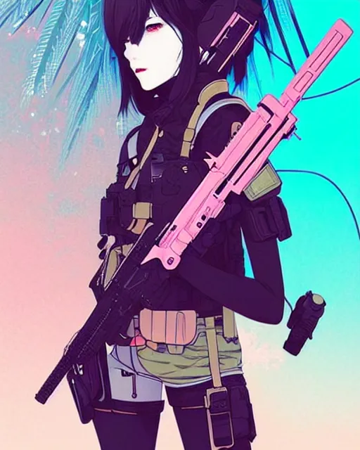 Image similar to girl with tactical gear, very anime!!! anime!! intricate details, aesthetically pleasing pastel colors, poster background, aesthetic details, art by conrad roset and ilya kuvshinov