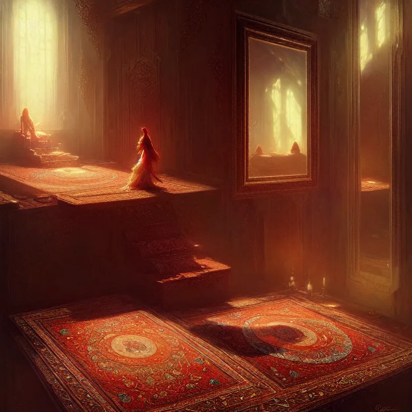 Image similar to magic fluffy Persian carpet & mirror dimension, by Greg Rutkowski and Gaston Bussiere, dim lighting, beautiful volumetric-lighting-style atmosphere, surreal atmosphere, intricate, detailed, photorealistic imagery, artstation