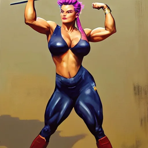 Prompt: greg manchess portrait of margot robbie as thick female bodybuilder zarya from overwatch in disco elysium, epic grimdark, fantasy, medium shot, asymmetrical, profile picture, organic painting, sunny day, matte painting, bold shapes, hard edges, street art, trending on artstation, by huang guangjian and gil elvgren and sachin teng